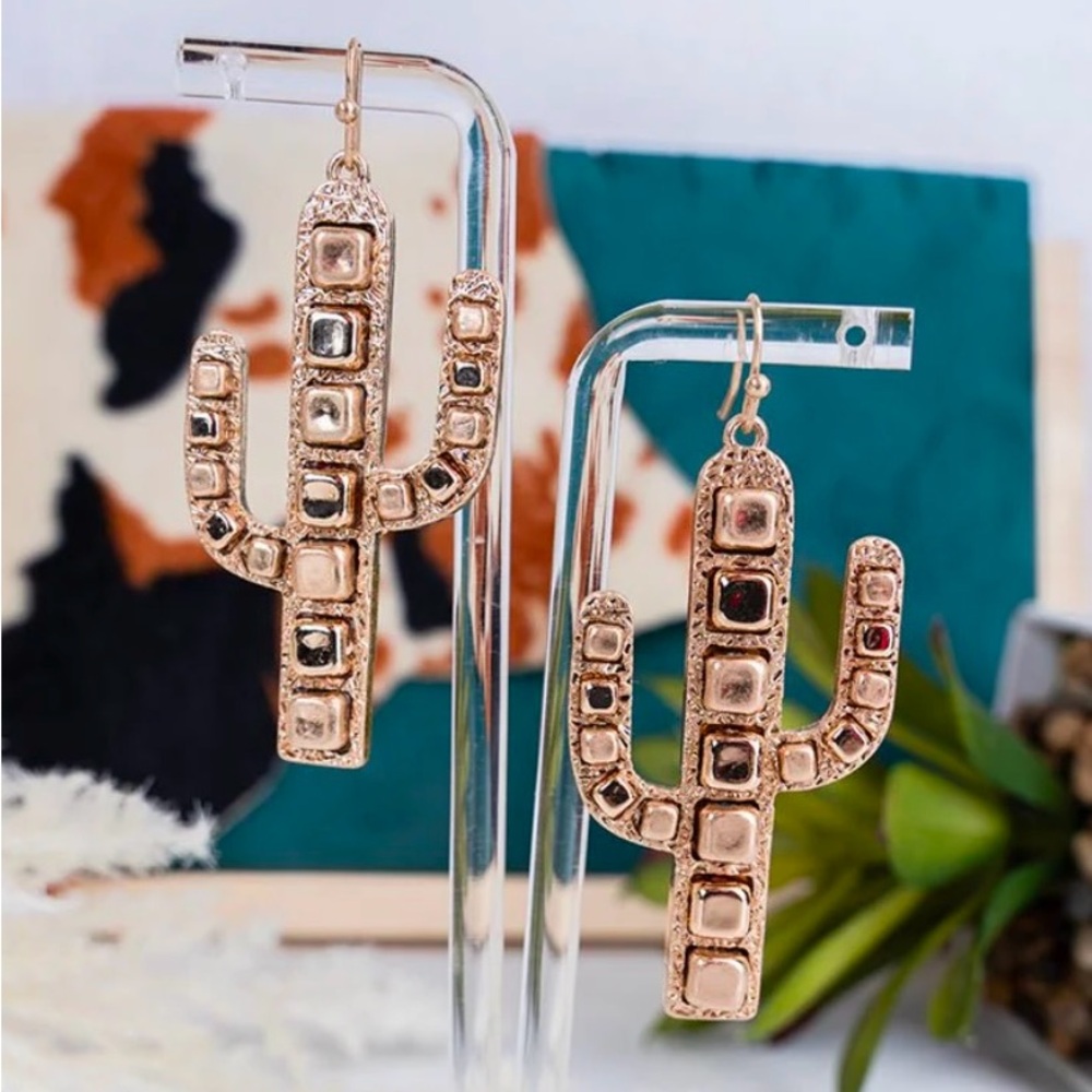 Gold Tone Cube Bead Cactus Earrings